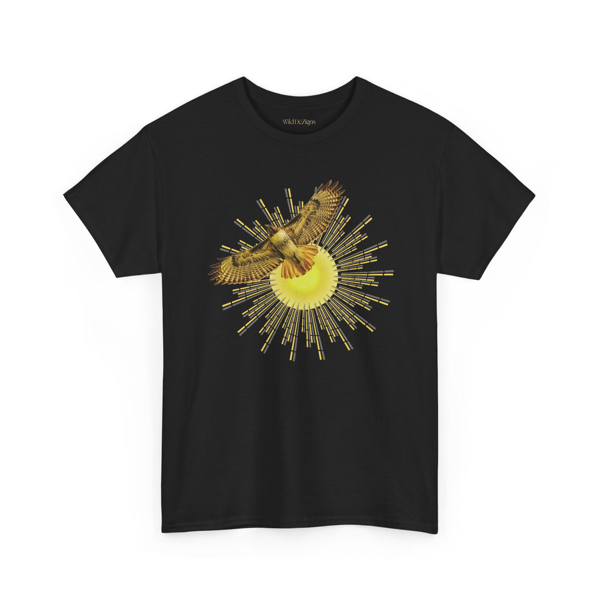 T-shirt featuring a photograph of a Flying Red-tailed Hawk in front of a Sun Patterned Design!