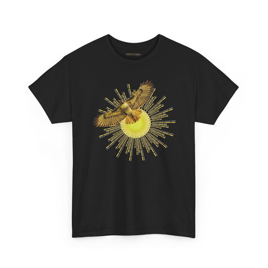 T-shirt featuring a photograph of a Flying Red-tailed Hawk in front of a Sun Patterned Design!