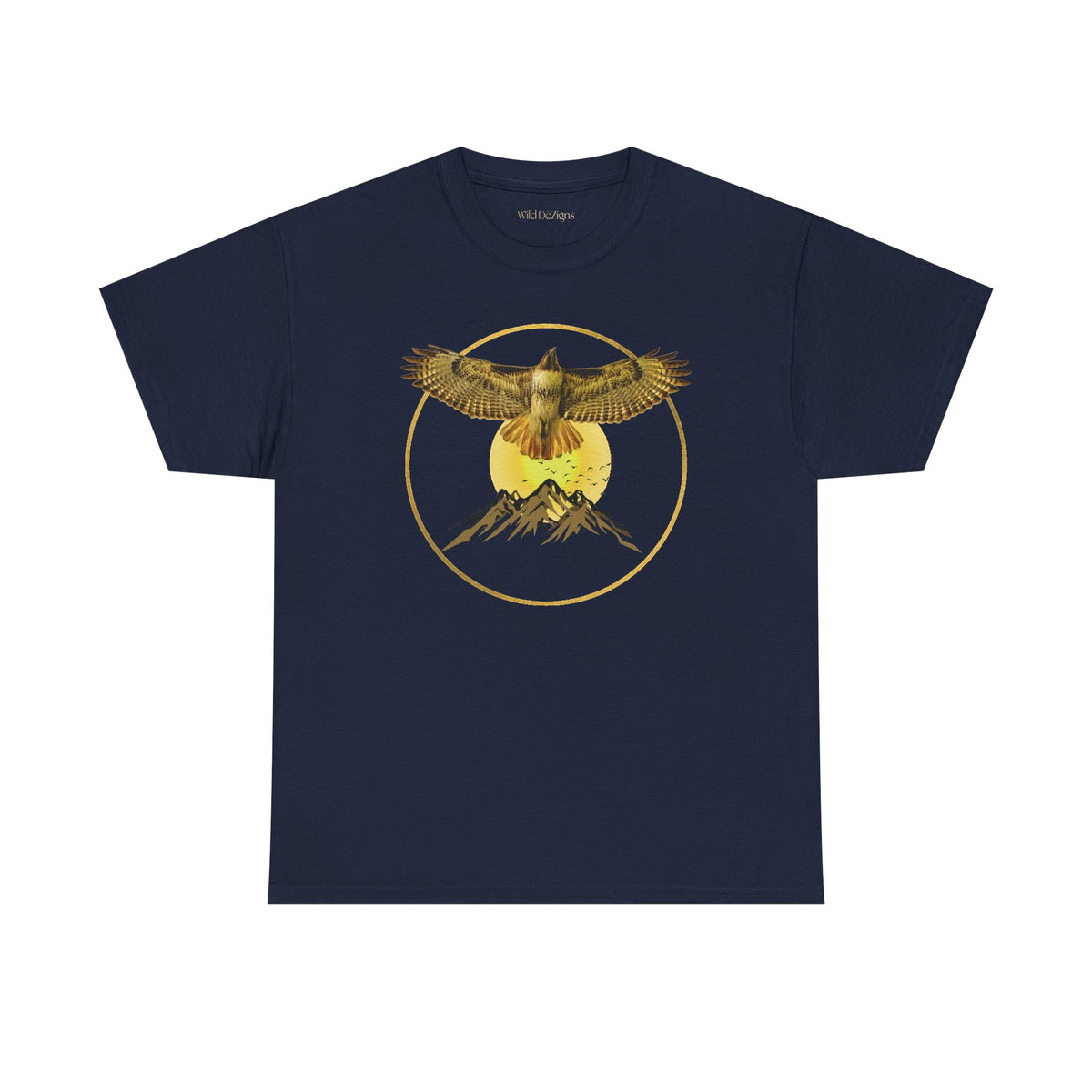 T-shirt featuring a photo of a Red-Tailed Hawk Flying in front of a graphic design of Mountains and other flying birds!