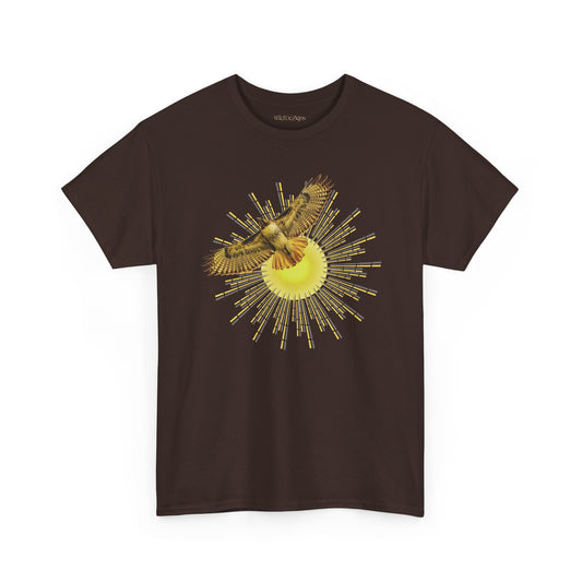 T-shirt featuring a photograph of a Flying Red-tailed Hawk in front of a Sun Patterned Design!