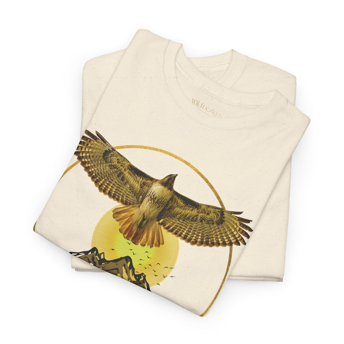 T-shirt featuring a photo of a Red-Tailed Hawk Flying in front of a graphic design of Mountains and other flying birds!