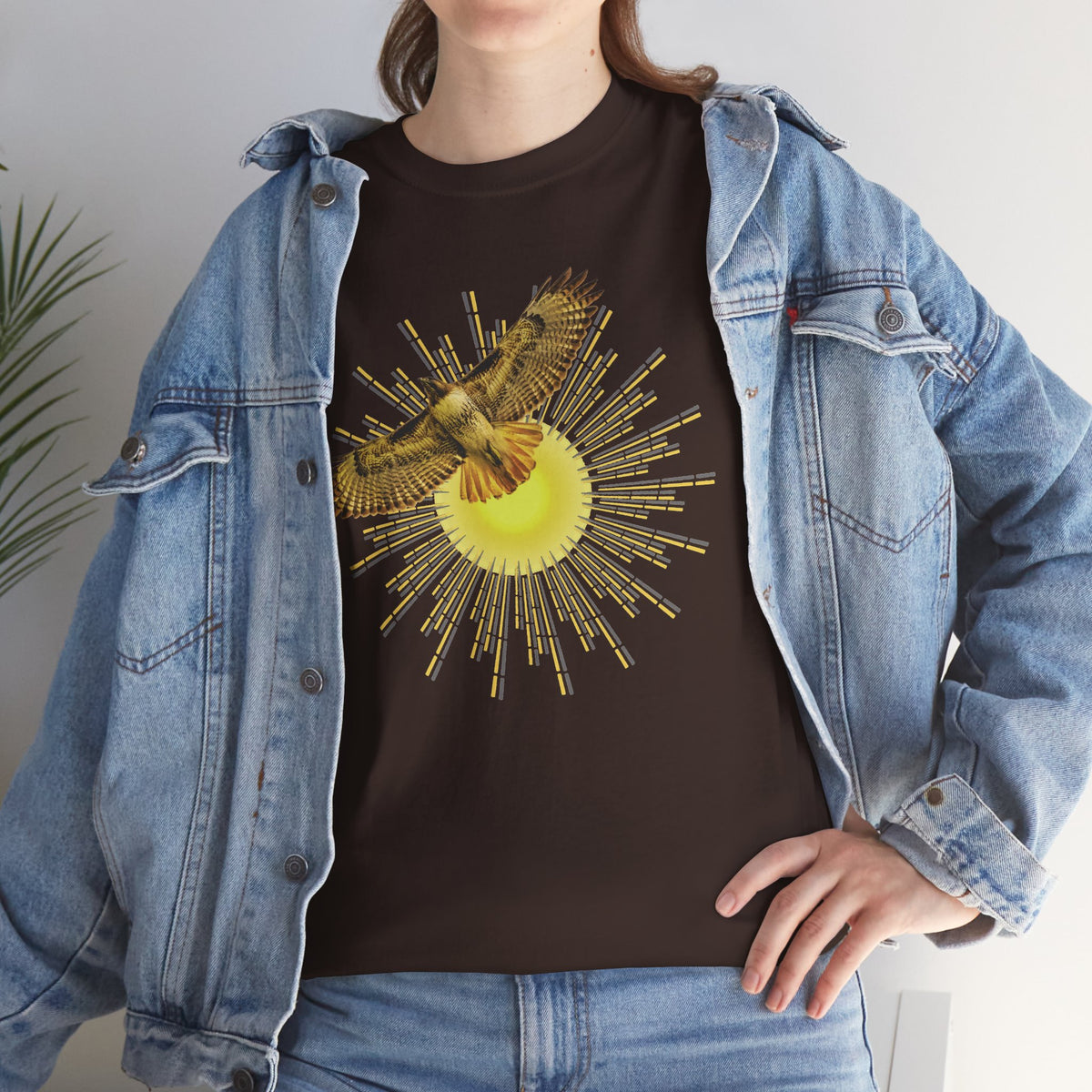 T-shirt featuring a photograph of a Flying Red-tailed Hawk in front of a Sun Patterned Design!