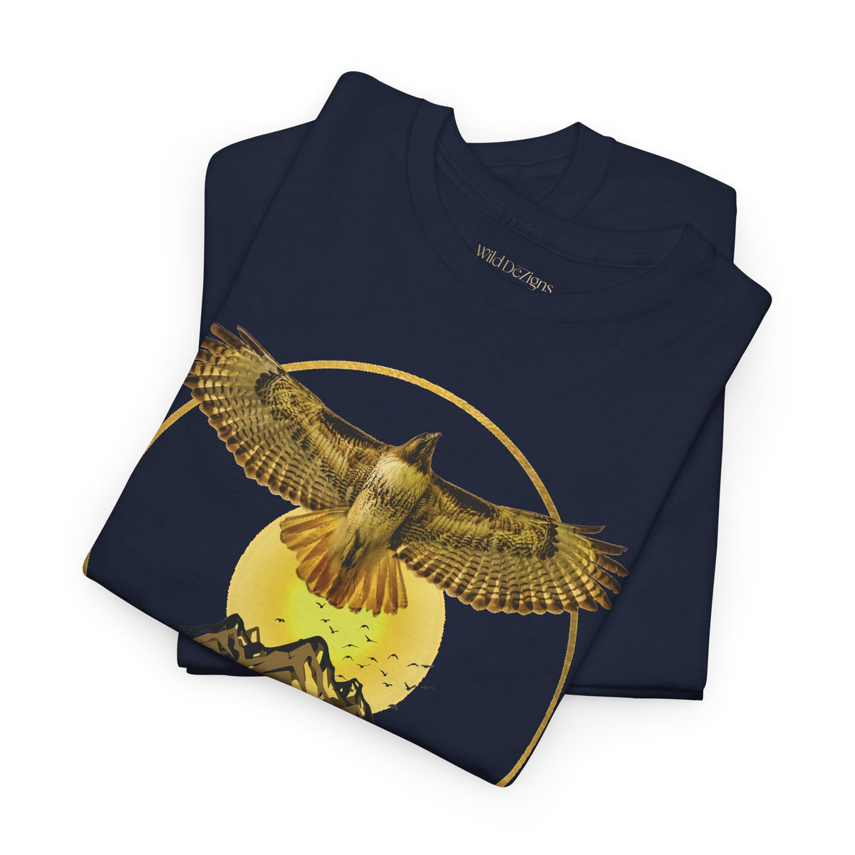 T-shirt featuring a photo of a Red-Tailed Hawk Flying in front of a graphic design of Mountains and other flying birds!