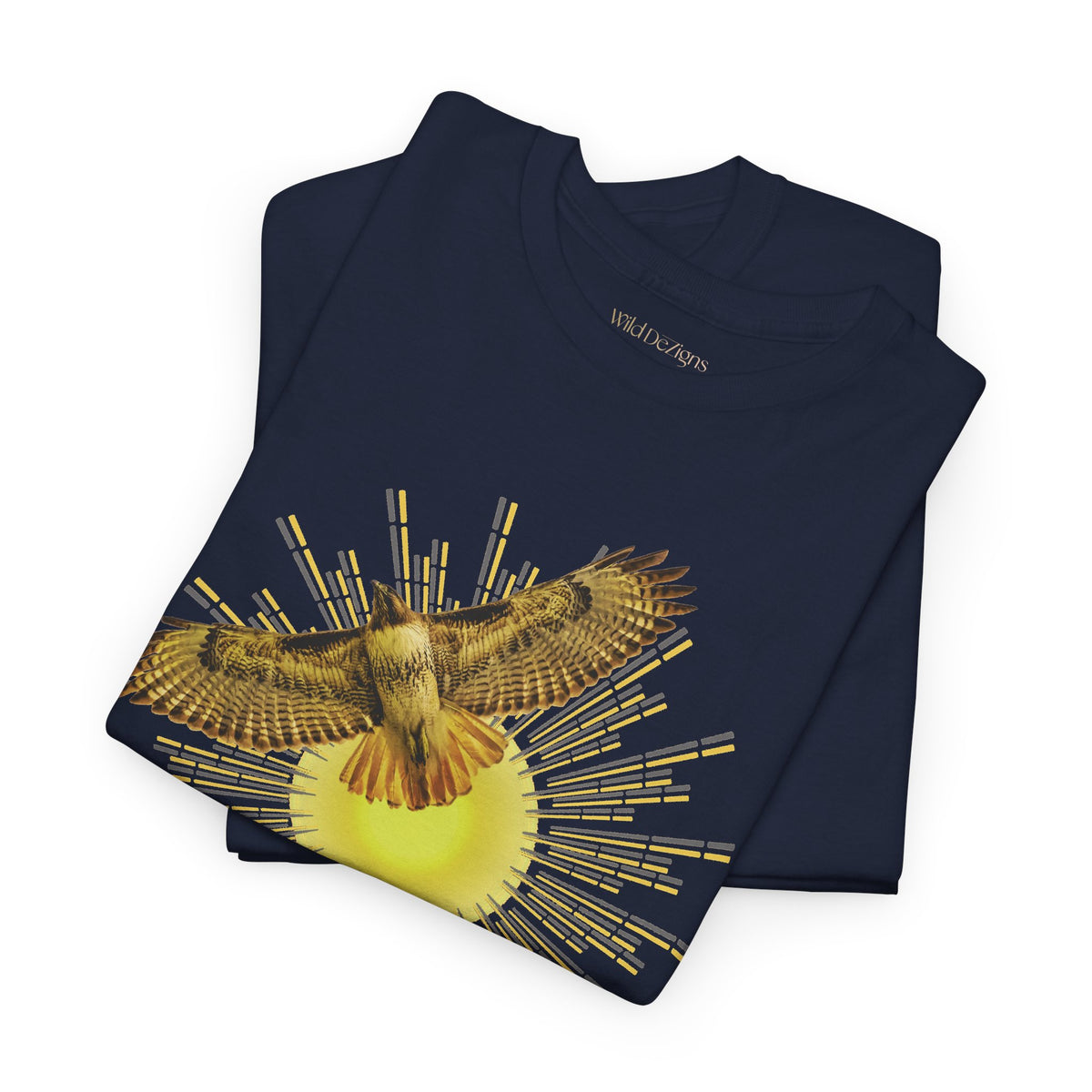 T-shirt featuring a photograph of a Flying Red-tailed Hawk in front of a Sun Patterned Design!