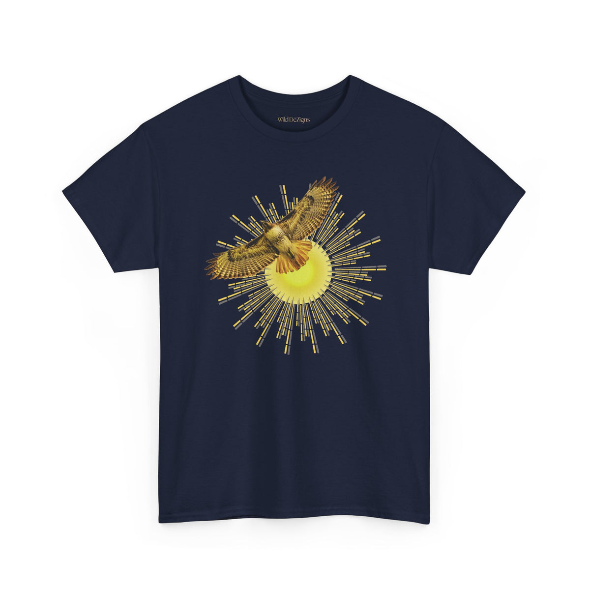 T-shirt featuring a photograph of a Flying Red-tailed Hawk in front of a Sun Patterned Design!