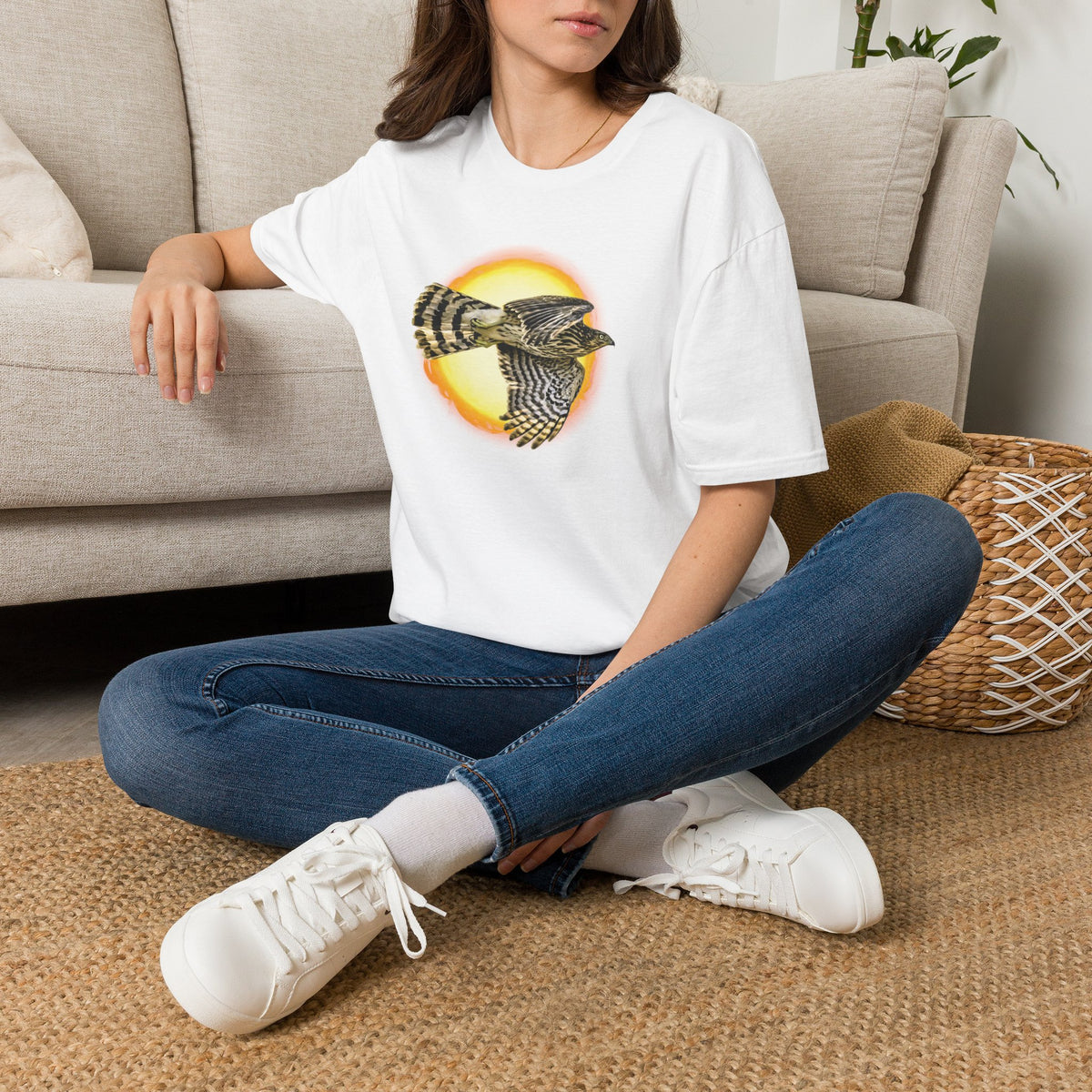 Flying Hawk Photo with Sun Graphic Tee - Unisex Heavy Cotton T-Shirt