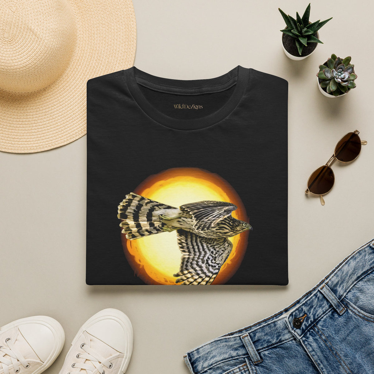 Flying Hawk Photo with Sun Graphic Tee - Unisex Heavy Cotton T-Shirt