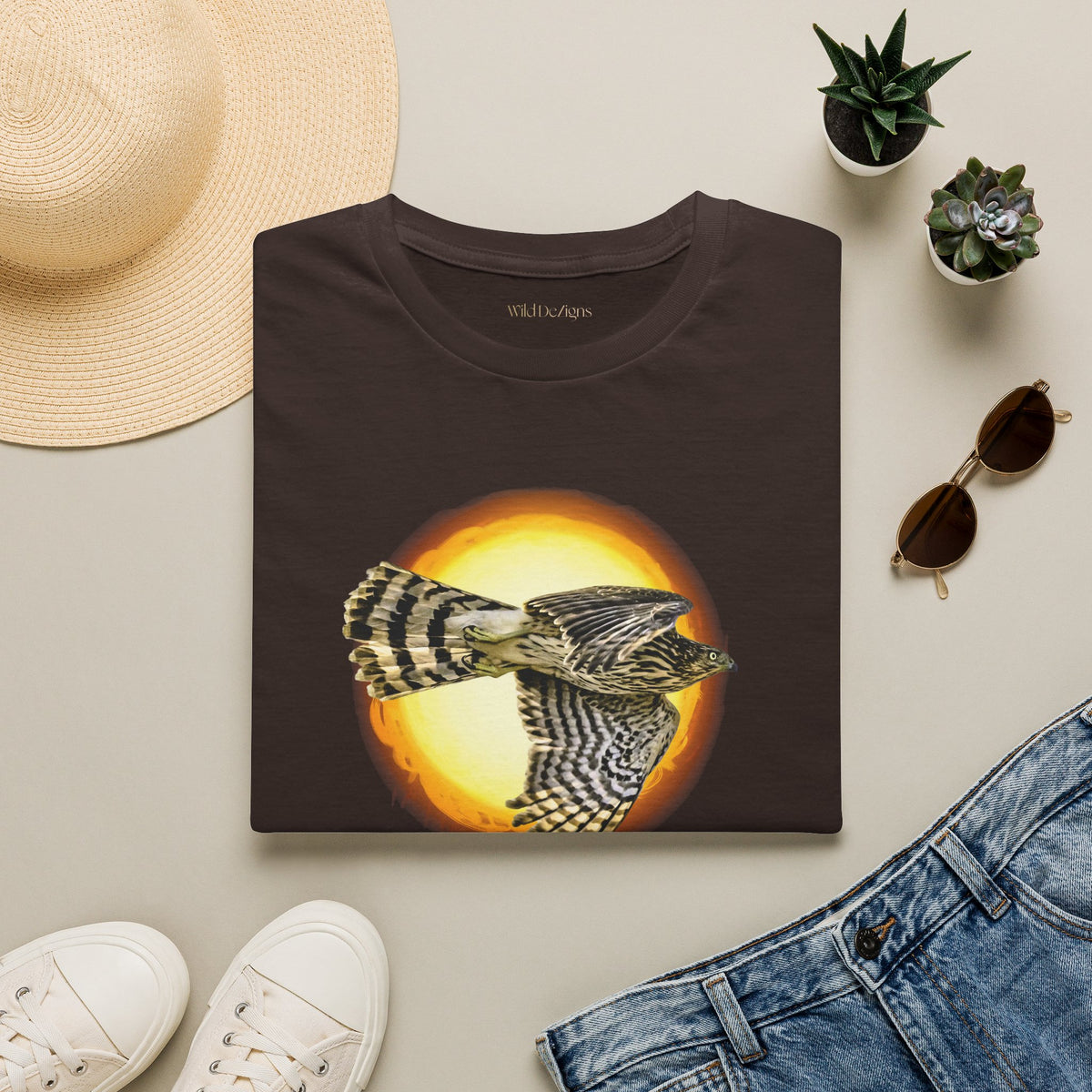 Flying Hawk Photo with Sun Graphic Tee - Unisex Heavy Cotton T-Shirt