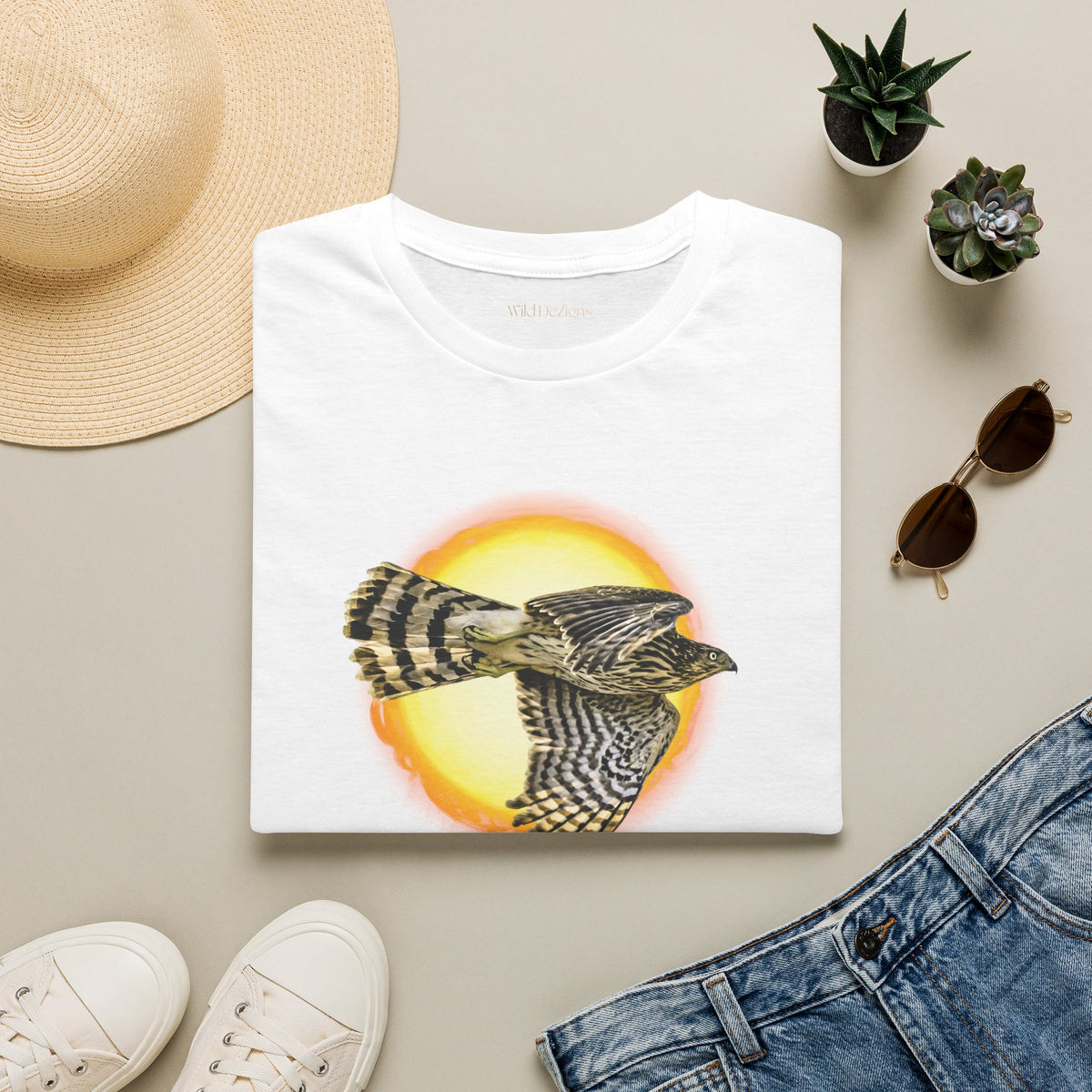 Flying Hawk Photo with Sun Graphic Tee - Unisex Heavy Cotton T-Shirt