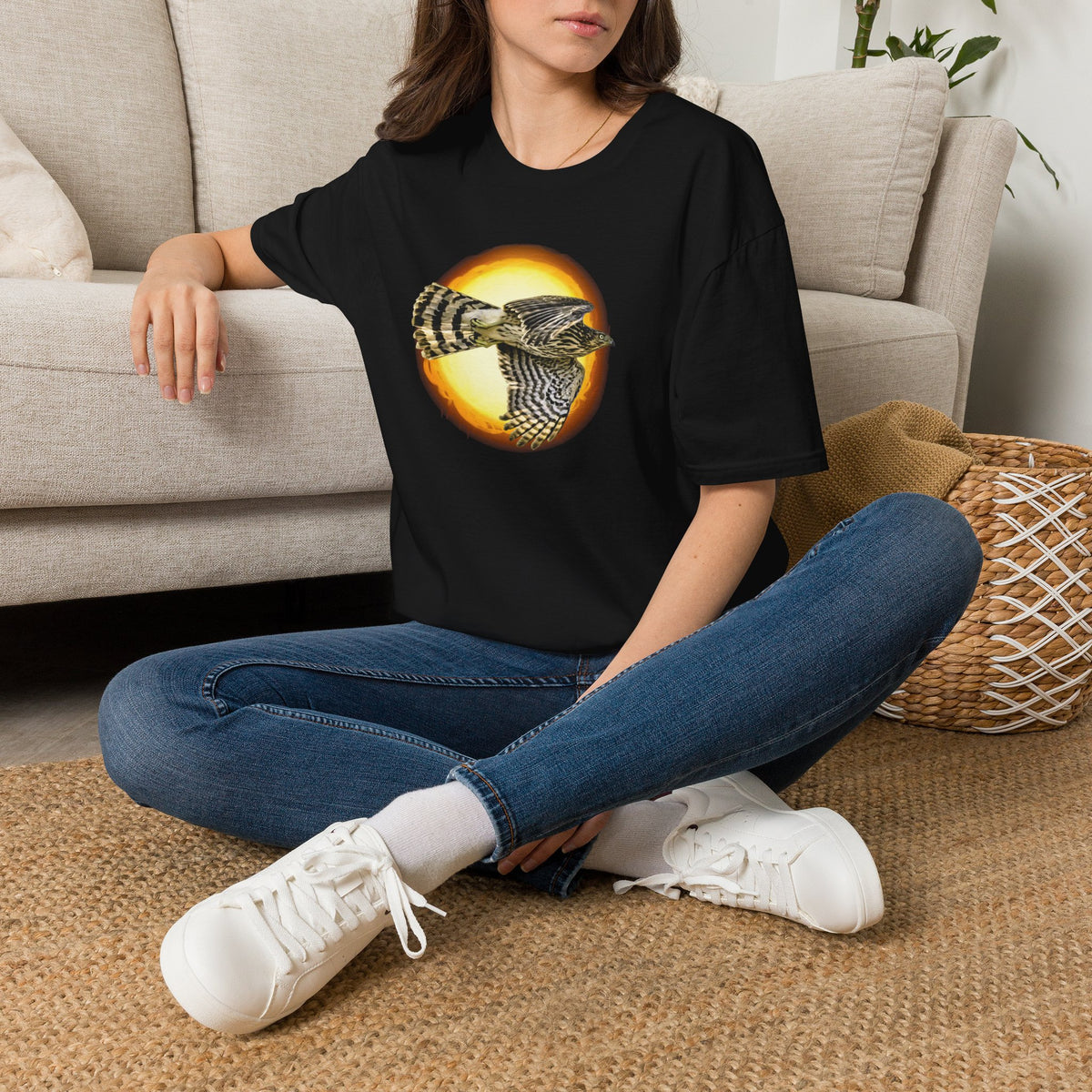 Flying Hawk Photo with Sun Graphic Tee - Unisex Heavy Cotton T-Shirt