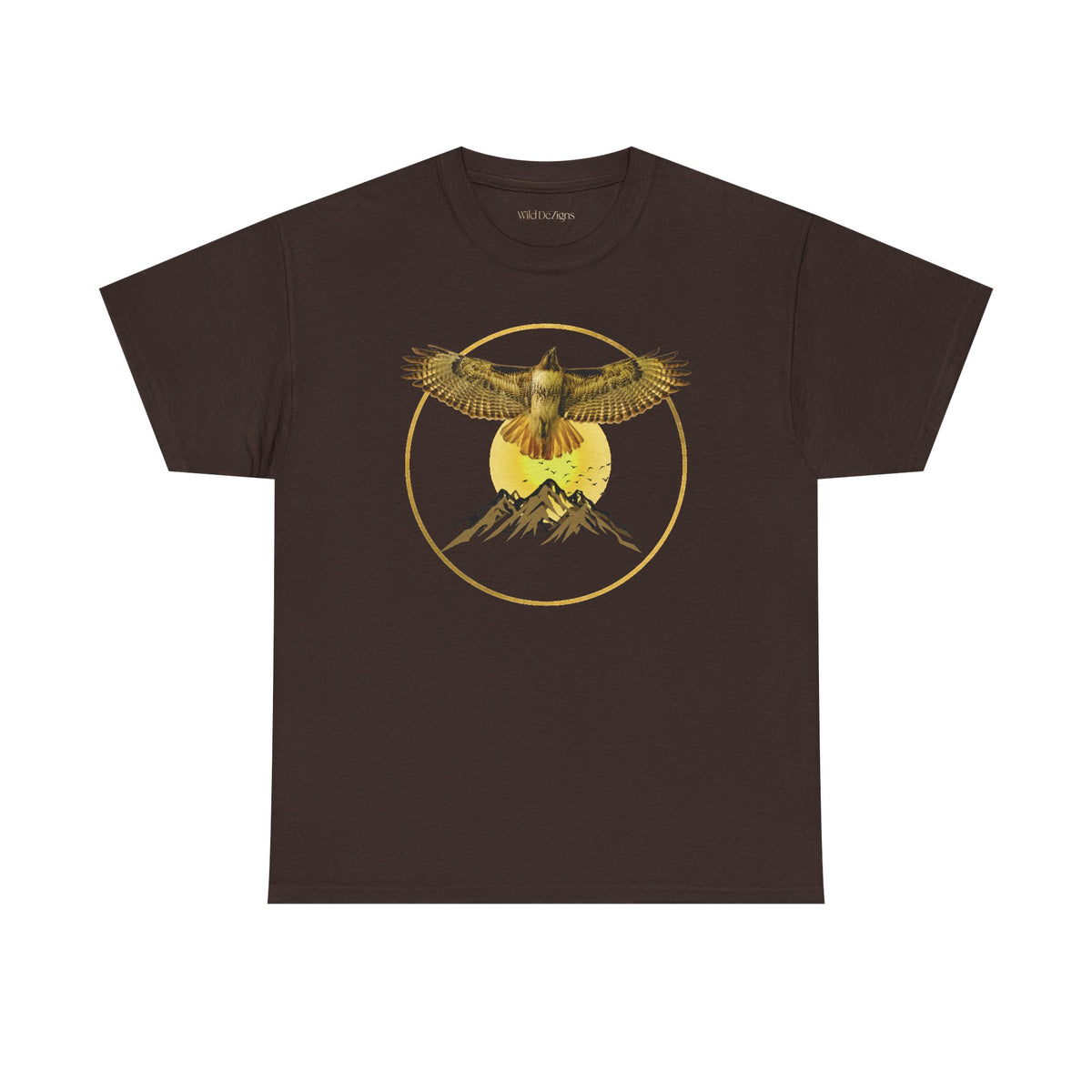T-shirt featuring a photo of a Red-Tailed Hawk Flying in front of a graphic design of Mountains and other flying birds!