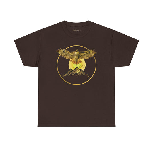 T-shirt featuring a photo of a Red-Tailed Hawk Flying in front of a graphic design of Mountains and other flying birds!