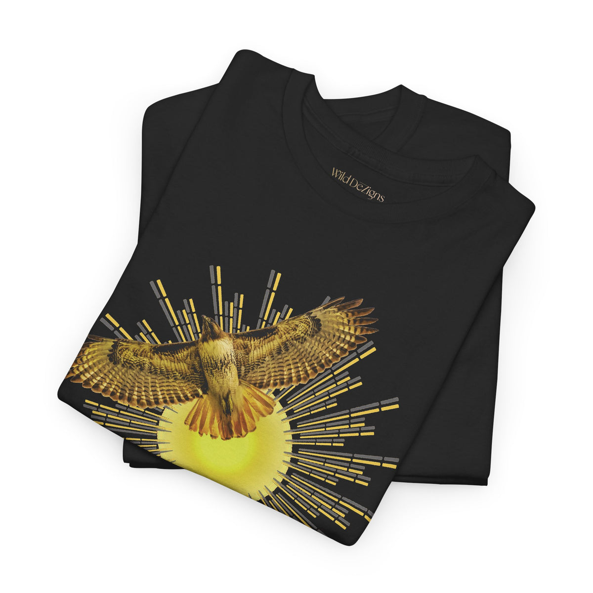 T-shirt featuring a photograph of a Flying Red-tailed Hawk in front of a Sun Patterned Design!