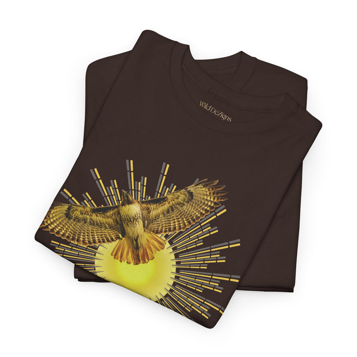 T-shirt featuring a photograph of a Flying Red-tailed Hawk in front of a Sun Patterned Design!