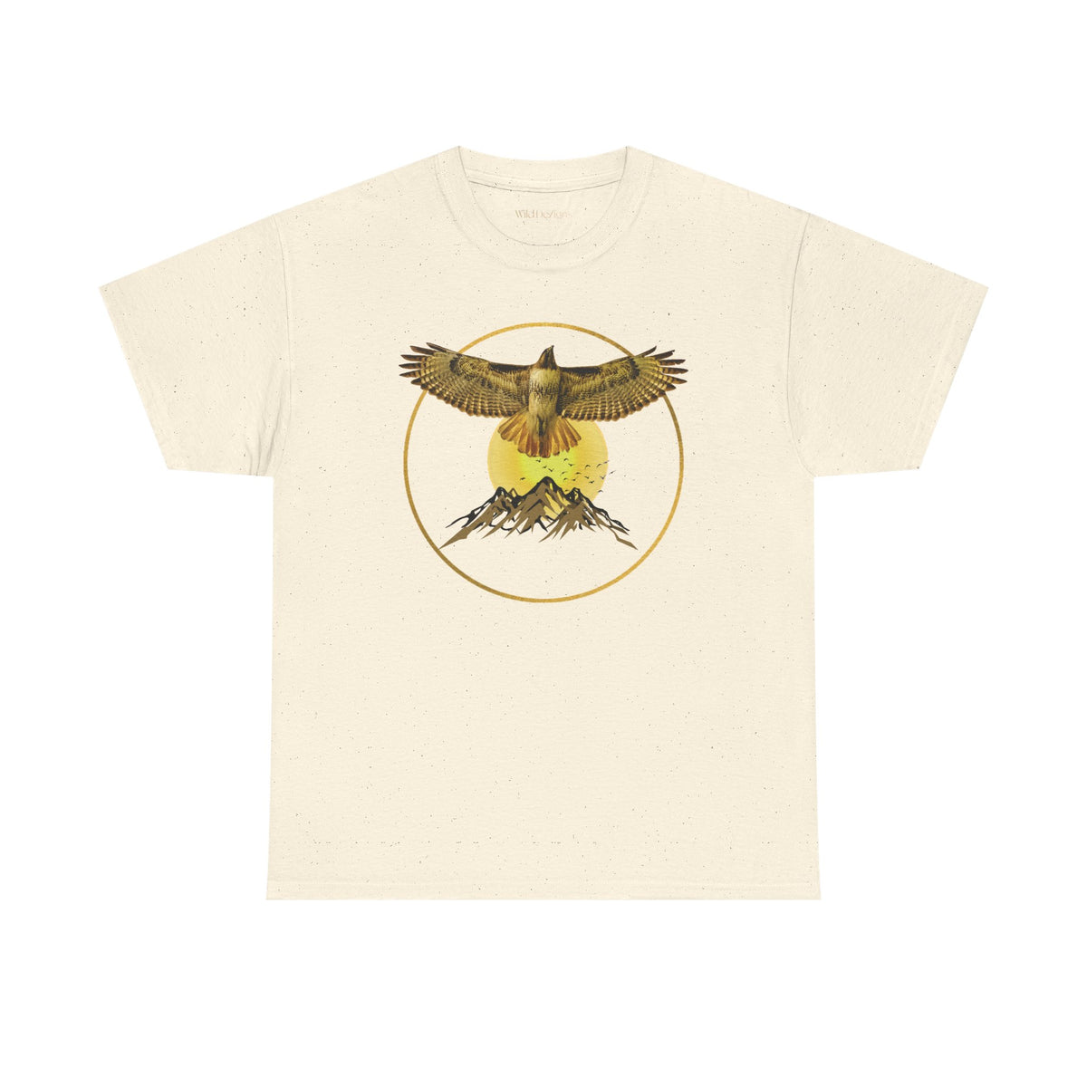 T-shirt featuring a photo of a Red-Tailed Hawk Flying in front of a graphic design of Mountains and other flying birds!